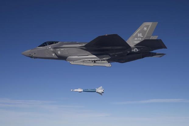 The U.S. Air Force drops a Paveway II laser-guided bomb made by Raytheon from an F-35A at the Utah Test and Training Range in this undated photo. (Air Force photo)
