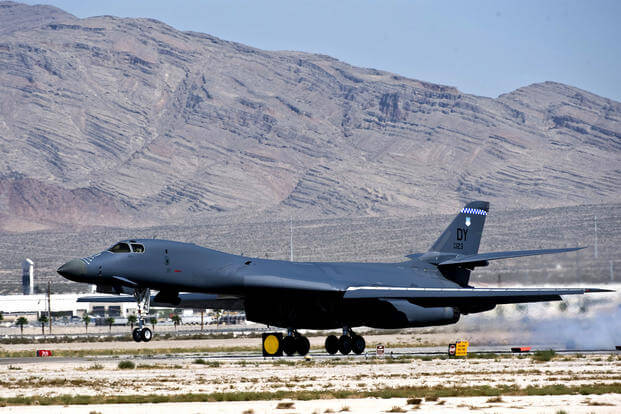 A B-1B Lancer from Dyess Air Force Base, Texas, lands after a close-air support training mission during Green Flag-West 11-10 on Sept. 20, 2011, at Nellis AFB, Nev. (US Air Force photo/Brett Clashman)