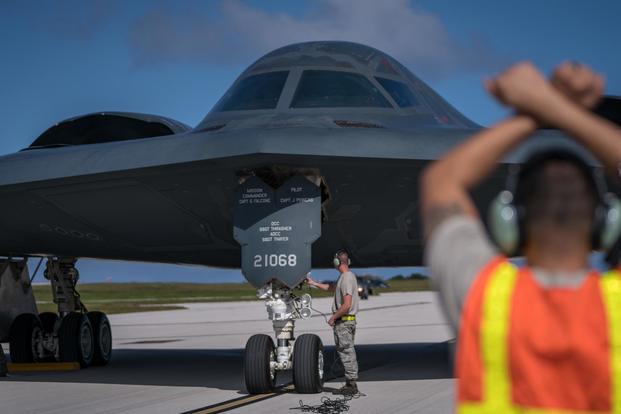 A B-2 Spirit, assigned to the 509th Bomb Wing, Whiteman Air Force Base, taxis on the flightline Jan. 8, 2018, at Andersen Air Force Base, Guam. (U.S. Air Force/Staff Sgt. Joshua Smoot) 