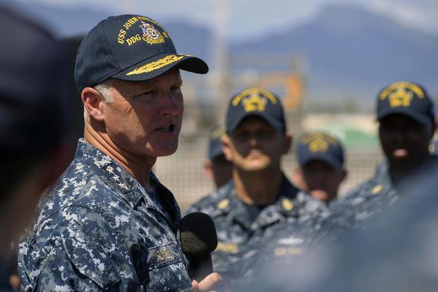 Commander, Naval Surface Forces Vice Adm. Thomas S. Rowden addresses the crew of the guided-missile destroyer USS John Paul Jones at Joint Base Pearl Harbor-Hickam, November 11, 2016. (U.S. Navy/Petty Officer 2nd Class Laurie Dexter) 