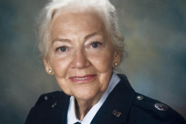 Betty Blake, 90, wears her Women’s Auxiliary Ferrying Squadron uniform. (Courtesy photo)