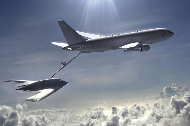 A KC-46 conducts in-flight refueling on a B-2 bomber in this illustration. (Air Force illustration)