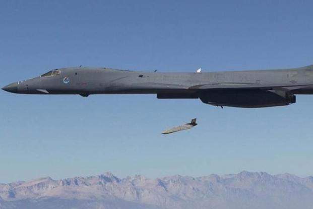 A Joint Air-to-Surface Standoff Missile - Extended Range (JASSM-ER) is released from B-1 bomber. (USAF Courtesy Photo)