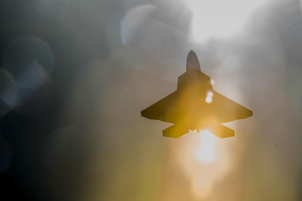 An F-22 Raptor fighter jet assigned to the 1st Fighter Wing at Joint Base Langley-Eustis, Virginia, takes off toward the Nevada Test and Training Range during Red Flag 18-1 at Nellis Air Force Base, Nevada, Feb. 5, 2018. (U.S. Air Force photo/Kevin Tanenbaum)