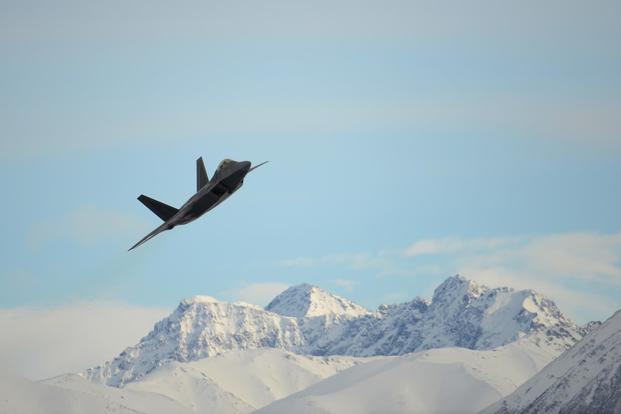 An Air Force F-22 Raptor assigned to the 3rd Wing flies over Joint Base Elmendorf-Richardson, Alaska, Feb. 27, 2018. (U.S. Air Force/Jamal Wilson)