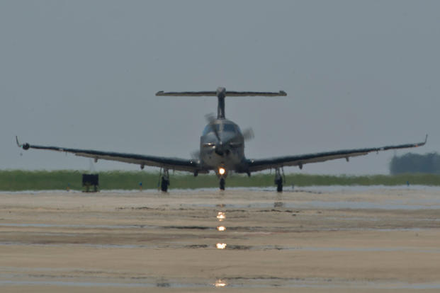 A U.S. Air Force U-28A taxis on the flightline on Hurlburt Field, Fla., Aug. 6, 2013. The U-28A provides a manned fixed-wing, on-call/surge capability for Improved Tactical Airborne Intelligence, Surveillance and Reconnaissance in support of Special Operations Forces. (U.S. Air Force Photo/John Bainter)