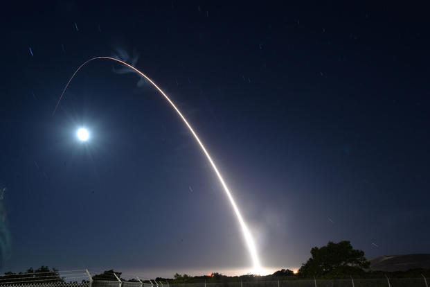 An unarmed U.S. Air Force Minuteman III intercontinental ballistic missile launches during an operational test May 3, 2017, at Vandenberg Air Force Base, Calif. (U.S. Air Force photo/Daniel Brosam)