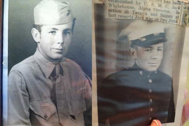 The author’s Grandfather , who served on Guadalcanal, Tarawa, Saipan, Tinian and Okinawa with the 2nd Marine Division in World War II, with a snippet (in the right photograph) from a Virginia newspaper about his service. (Photo Courtesy of Sarah Holzhalb) 