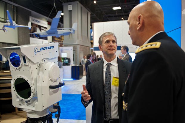 October 2014: U.S. Army Chief of Staff Gen. Ray Odierno is briefed on Boeing's Man-portable High Energy Laser at the AUSA conference in the nation's capital. (US Army photo/Mikki Sprenkle)