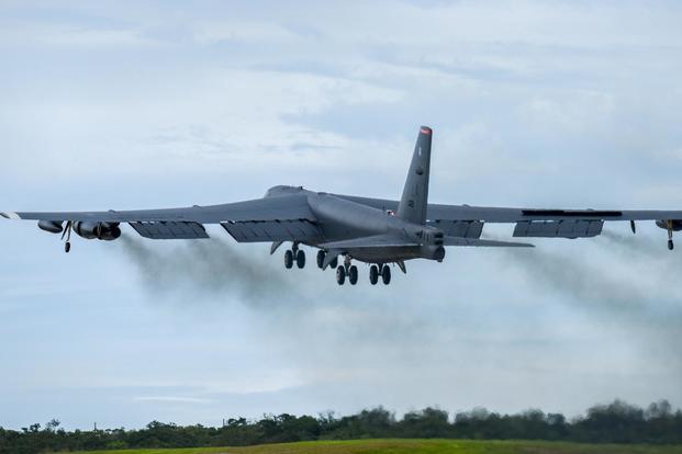 A U.S. Air Force B-52H Stratofortress bomber takes off from Andersen Air Force Base, Guam, for a routine training mission in the vicinity of the South China Sea and Indian Ocean, Sept 23, 2018. (U.S. Air Force/Senior Airman Christopher Quail)