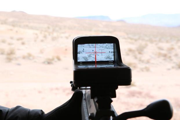 Sensight’s new digital rifle sight, which is designed to work like a smartphone, is showcased at SHOT Show 2019. (Military.com/Matthew Cox)