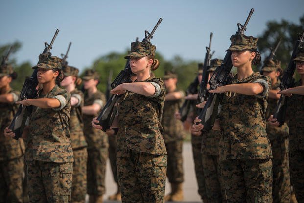 U.S. Marine Corps recruits with Platoon 4030, Papa Company, 4th Recruit Training Battalion, execute a rifle salute during an initial drill evaluation June 25, 2018, on Parris Island, S.C. (U.S. Marine Corps photo/Dana Beesley)