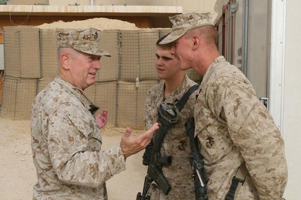  Then-Lt. Gen. Jim Mattis, head of Marine Central Command, visits with members of 1st Battalion, 2nd Marine Regiment, Regimental Combat Team 2, in Baghdadi, Iraq, on July 27, 2007. Marine Corps photo