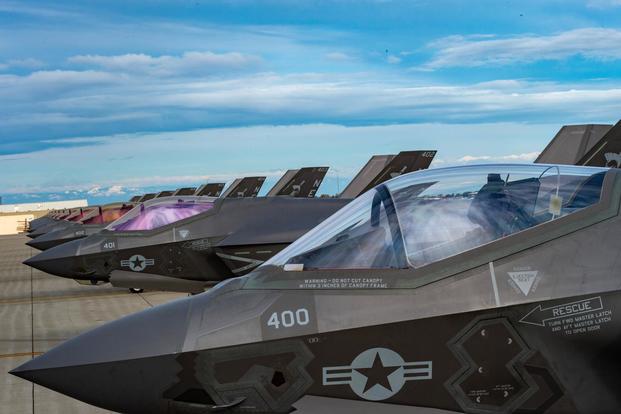 Ten F-35C Lightning II jets of the "Argonauts" of VFA-147 aircraft sit on the flight line at Naval Air Station Lemoore. (U.S. Navy/Mass Communication Specialist 2nd Class Manuel Tiscareno)