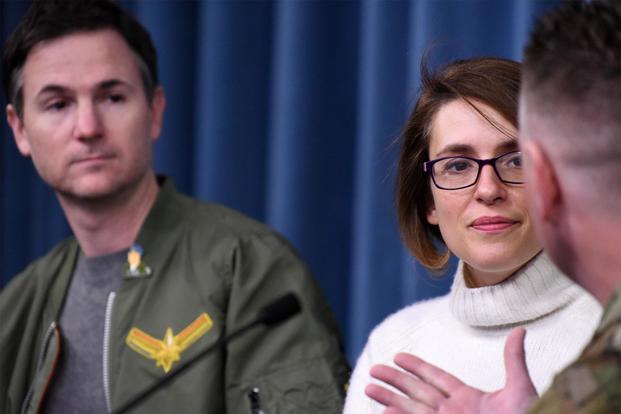 Anna Boden and Ryan Fleck, “Captain Marvel” co-directors, answer questions during a round table at the Pentagon, Arlington, Va., March 7, 2019. (U.S. Air Force/Staff Sgt. Rusty Frank)