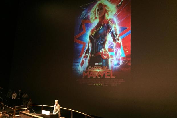 Secretary of the Air Force Heather Wilson gives her opening remarks prior to a screening of the movie “Captain Marvel” in Washington, D.C., March 7, 2019. (Military.com/Oriana Pawlyk)