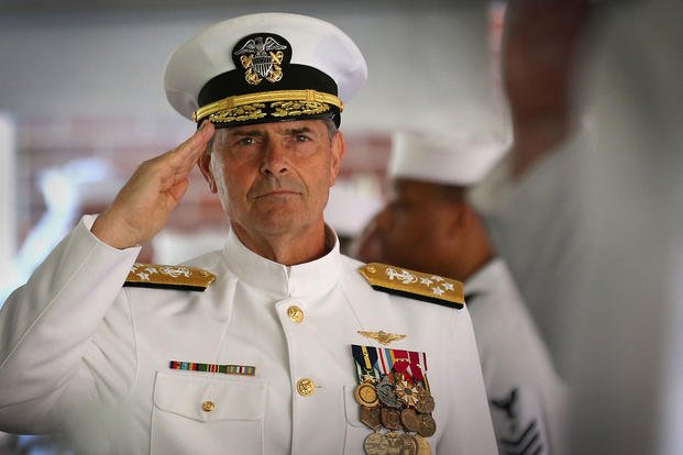 Vice Chief of Naval Operations Adm. Bill Moran arrives to preside over a ceremony establishing Expeditionary Exploitation Unit ONE, EXU-1, as a stand-alone command onboard Naval Support Facility Indian Head, June 29, 2018. (U.S. Navy photo/Todd Frantom)