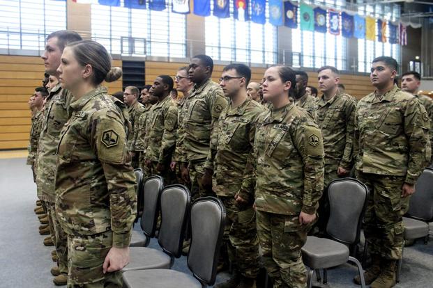 The 66th Military Intelligence Brigade held a NCO Induction ceremony on Clay Kaserne, Wiesbaden, Germany on January 10, 2019. Over 40 newly promoted soldiers from across the brigade were celebrated as they joined the ranks of the noncommissioned officer. (US Army/Ashley L. Keasler)