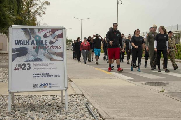 Sailors assigned to Naval Support Activity Souda Bay, Greece, take part in the “Walk a Mile in Their Shoes” one-mile walk April 23, 2019, during Sexual Assault Awareness and Prevention Month onboard the installation. (U.S. Navy photo by Joel Diller)