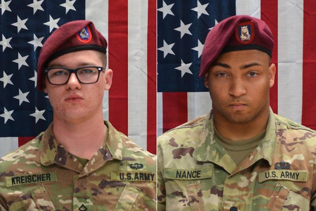 Pfc. Brandon Jay Kreischer, 20, of Stryker, Ohio, and Spc. Michael Isaiah Nance, 24, of Chicago, were killed during a "combat related incident" in Tarin Kowt, Afghanistan, July 29, 2019