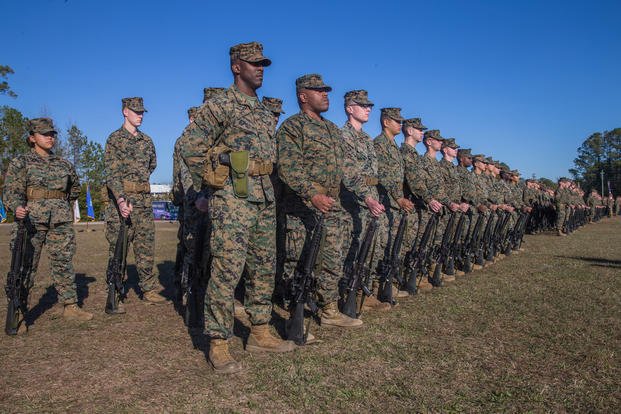 U.S. Marines with Combat Logistics Regiment 27, 2nd Marine Logistics Group, stand in formation during a re-designation ceremony at Camp Lejeune, N.C., Nov. 29, 2018. (U.S. Marine Corps photo/Damion Hatch Jr.)