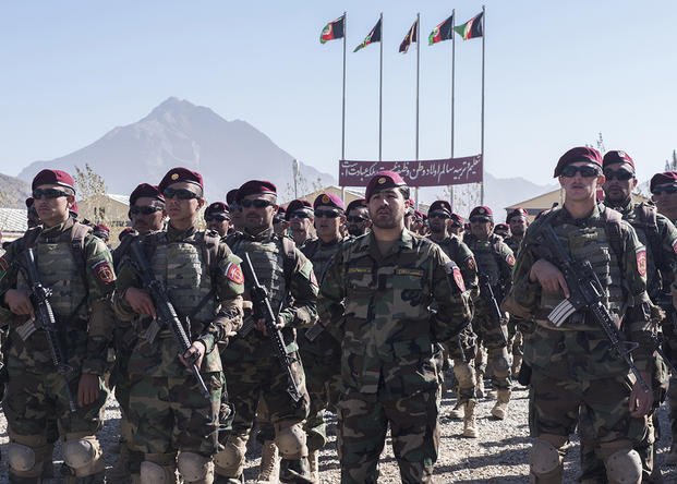 Afghan National Army Special Operations Commandos wearing their maroon berets during the graduation ceremony.