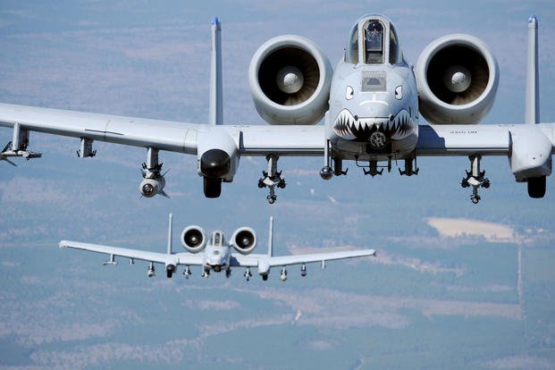 Two A-10C Thunderbolt II aircraft fly a flight training mission March 16, 2010, over Moody Air Force Base, Ga. The A-10C is the first Air Force aircraft specially designed for close-air support of ground forces. (U.S. Air Force photo/Airman 1st Class Benjamin Wiseman)