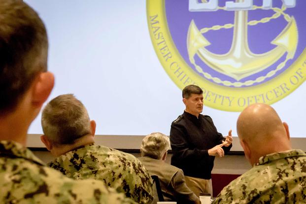  Then-Vice Chief of Naval Operations Adm. Bill Moran speaks to command master chiefs from around the Navy at the 2019 Leadership Mess Symposium in Suffolk, Virginia, on March 27, 2019. (U.S. Navy photo by Senior Chief Mass Communication Specialist Hendrick Simoes)