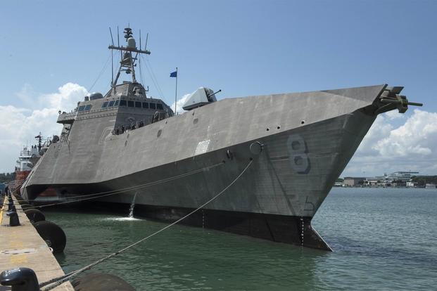 The Independence-variant littoral combat ship USS Montgomery (LCS 8) sits pierside at Changi Naval Base, Singapore, after arriving for a rotational deployment. (U.S. Navy/Mass Communication Specialist 2nd Class Tristin Barth)