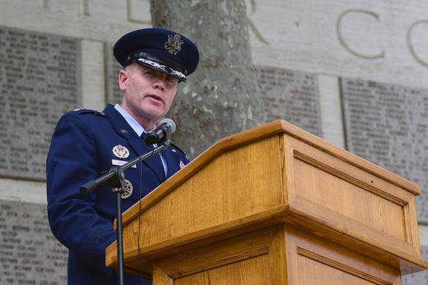 Gen. Tod D. Wolters, commander of U.S. European Command and NATO Supreme Allied Commander Europe, speaks at the Florence American Cemetery Memorial Day event in Florence, Italy on May 27, 2019. (U.S. Air Force photo/Caleb House)