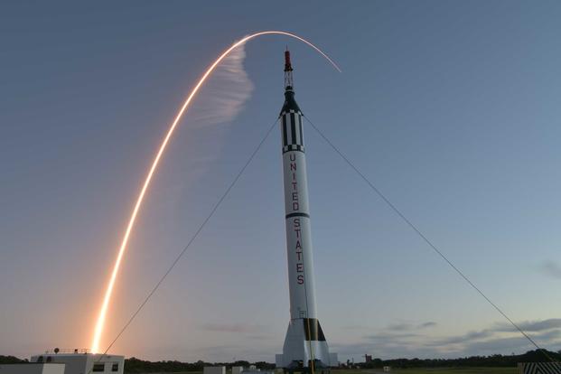 An Atlas V CST-100 Starliner launches over a Redstone rocket at Cape Canaveral Air Force Station, Fla., Dec. 20, 2019. (U.S. Air Force/Senior Airman Dalton Williams)
