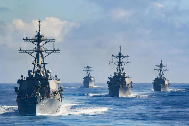 Ships assigned to Destroyer Squadron (DESRON) 23 transit the Pacific Ocean, Jan. 22, 2020. DESRON 23, part of the Theodore Roosevelt Carrier Strike Group, is on a scheduled deployment to the Indo-Pacific. (U.S. Navy/Mass Communication Specialist 3rd Class Erick A. Parsons)