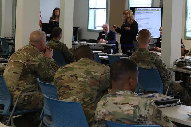 Members of the 4th Infantry Division listen to briefings provided by Soldier-For-Life-Transition Assistance Program