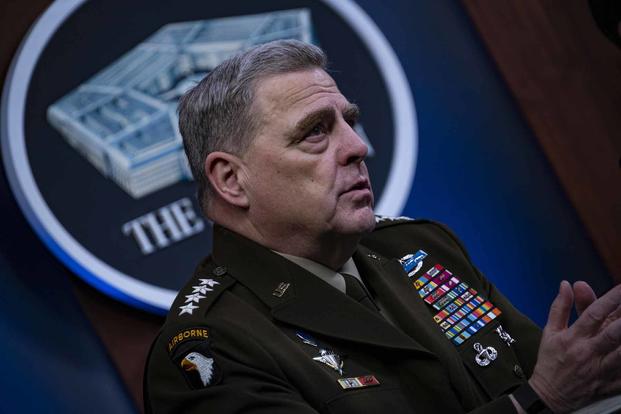 Gen. Mark A. Milley speaks in a virtual global town hall at the Pentagon.