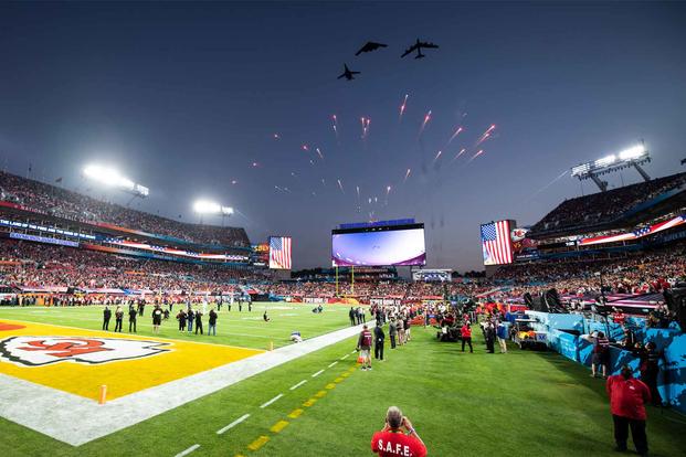 Air Force Global Strike Command bombers perform the Super Bowl LV flyover.