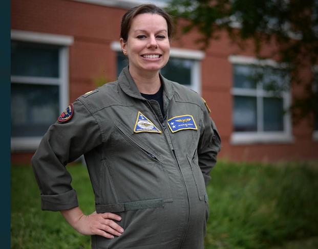 Lt. Cmdr. Jacqueline Nordan poses in the first Navy maternity flight suit. 