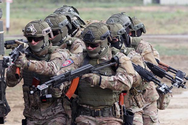 A Ukrainian special forces team prepares to rescue a training hostage