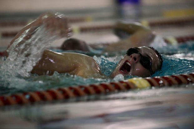 A U.S. Air Force airman participates in the swimming portion of the physical ability and stamina test.