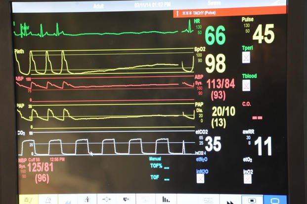 A vital signs monitor shows the heart rate, oxygen saturation and blood pressure on a simulated patient.