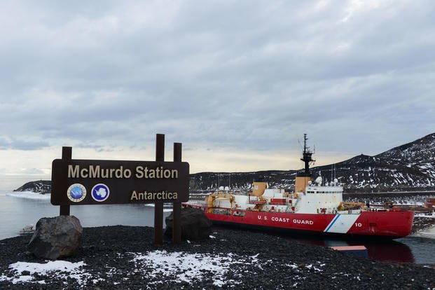Coast Guard Cutter Polar Star (WAGB 10) moors up to the ice pier at McMurdo Station, Antarctica