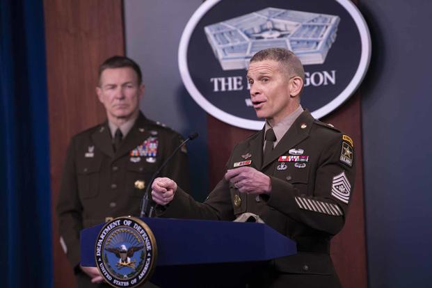 Army leadership, including Sergeant Major of the Army Michael A. Grinston, holds a media briefing on Thursday, April 16, 2020, in the Pentagon Briefing Room. (DoD photo by Marvin Lynchard)