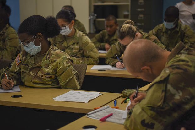 U.S. Army Brig. Gen. Patrick R. Michaelis, Fort Jackson commanding general, leads media representatives through a tour of the Army Future Soldier Preparatory Course Pilot Program.