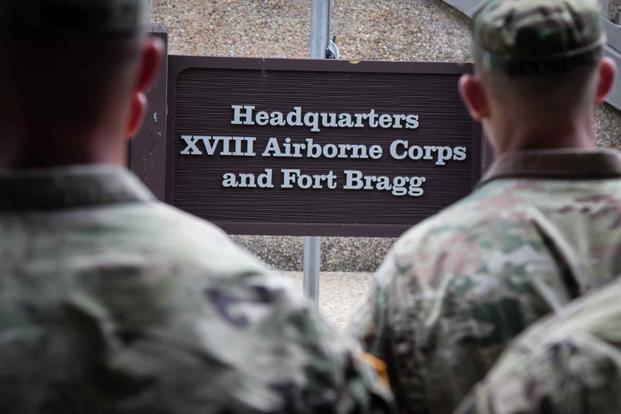 The XVIII Airborne Corps Headquarters sign at Fort Bragg.