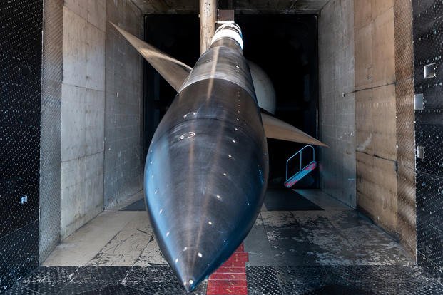 The AGARD model in the B configuration, a standard model used to assess and compare the airflow in different wind tunnels and at different times in a single wind tunnel, is installed in the 16-foot transonic wind tunnel at Arnold Air Force Base, Tennessee.
