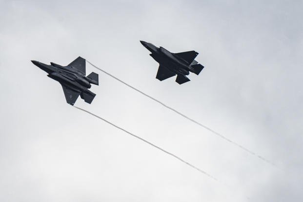 Two U.S. Air Force F-35 Lightning II fly over Romania.