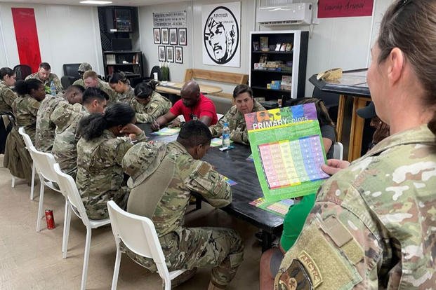 Lt. Col. Amber Murrell, 332d Air Expeditionary Wing chaplain, provides "Primary Colors Personality Tool" instructions
