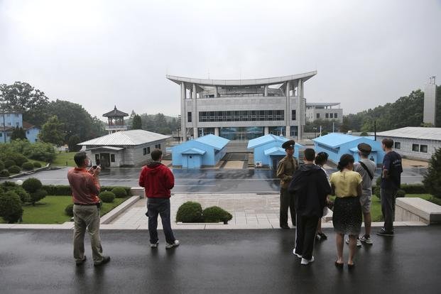 North Korean soldiers guard the truce village of Panmunjom at the DMZ
