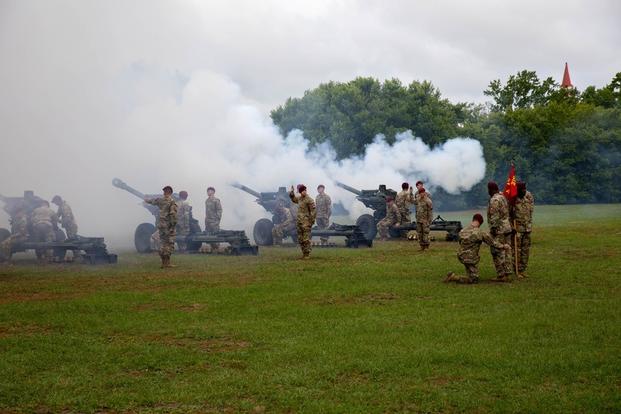 U.S Army Soldiers attached to the 82nd Airborne Division Artillery Brigade salute the historic redesignation ceremony at the Eternal Flame on Fort Liberty Jun 2 2023.