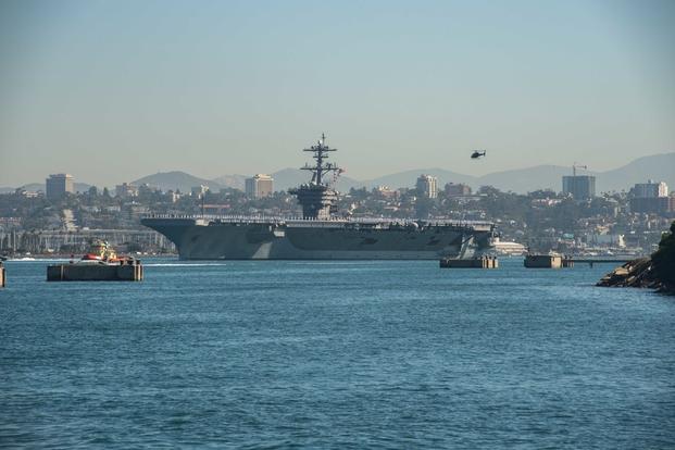 The aircraft carrier USS Theodore Roosevelt (CVN 71) departs Naval Base Coronado for a regularly scheduled deployment.