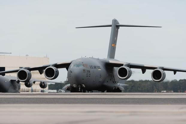 A C-17 Globemaster III prepares to take off from the flightline during preparations for Hurricane Ian at Joint Base Charleston, South Carolina, Sept. 28, 2022. 